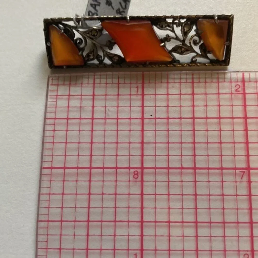 🧡✨ Vintage German Silver Bar Pin with Amber-Colored Carnelian & Marcasite Inlay